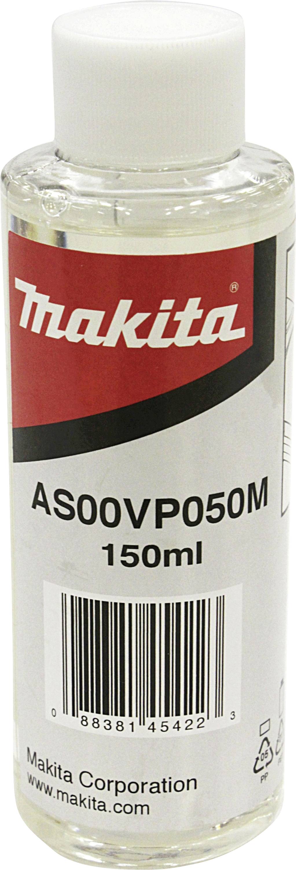 Bouteille de lubrifiant 'Makita AS00VP050M', 150 ml. L'étiquette affiche le logo Makita et un code-barres.