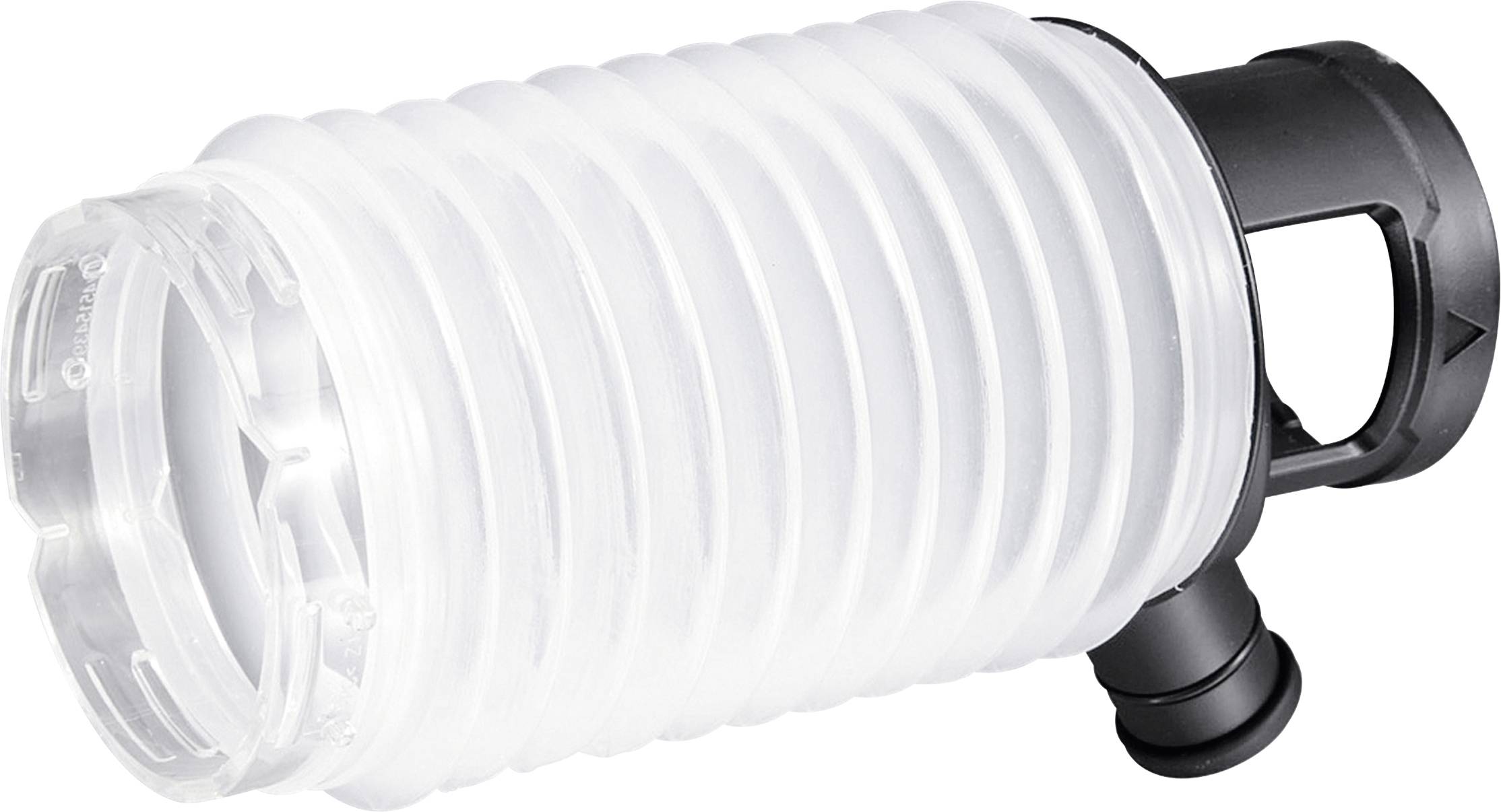 Une bouteille en plastique transparente, striée, avec un bouchon noir, est posée en biais. La bouteille présente des côtés nervurés pour une meilleure prise en main.