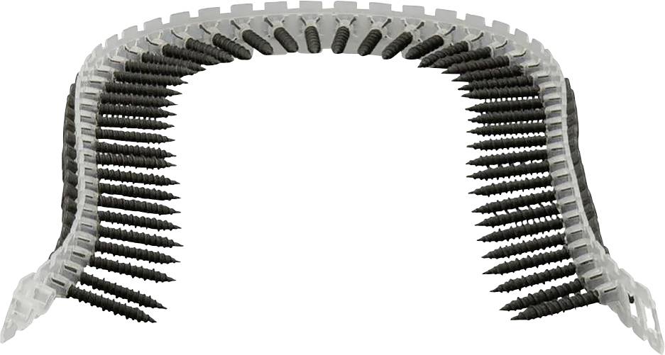 Une barrette de vis flexible maintenant plusieurs vis noires, courbée en forme de U. Utilisée pour des systèmes de vissage automatiques.