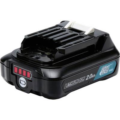 Batterie lithium-ion de 2,0 Ah et 12V pour outils électriques. Indicateur de charge et marquages visibles sur le côté.