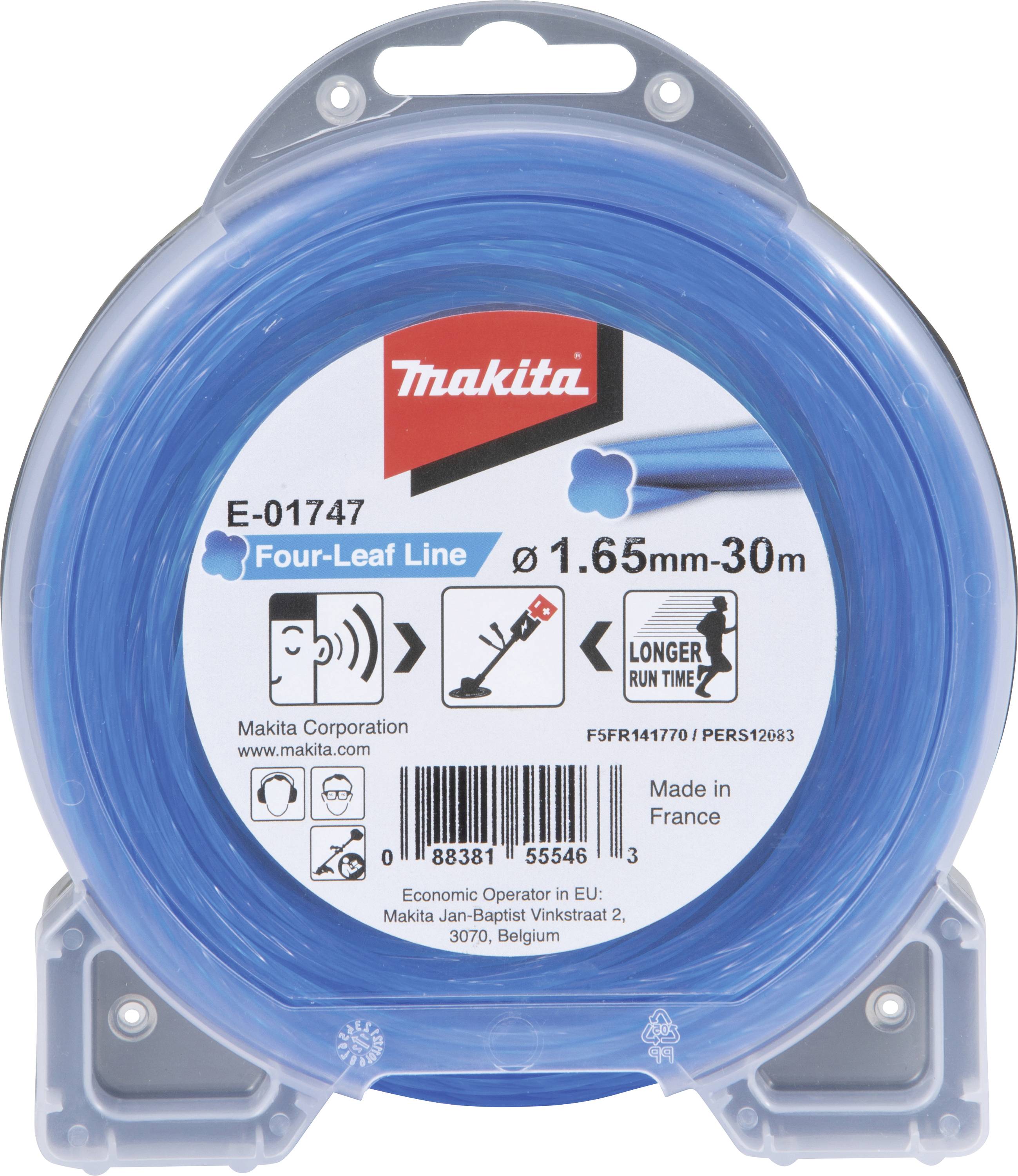 Une bobine de fil de coupe Makita, bleue, modèle E-01747, longueur 30 m, diamètre 1,65 mm, se distinguant par une durée d'utilisation prolongée.