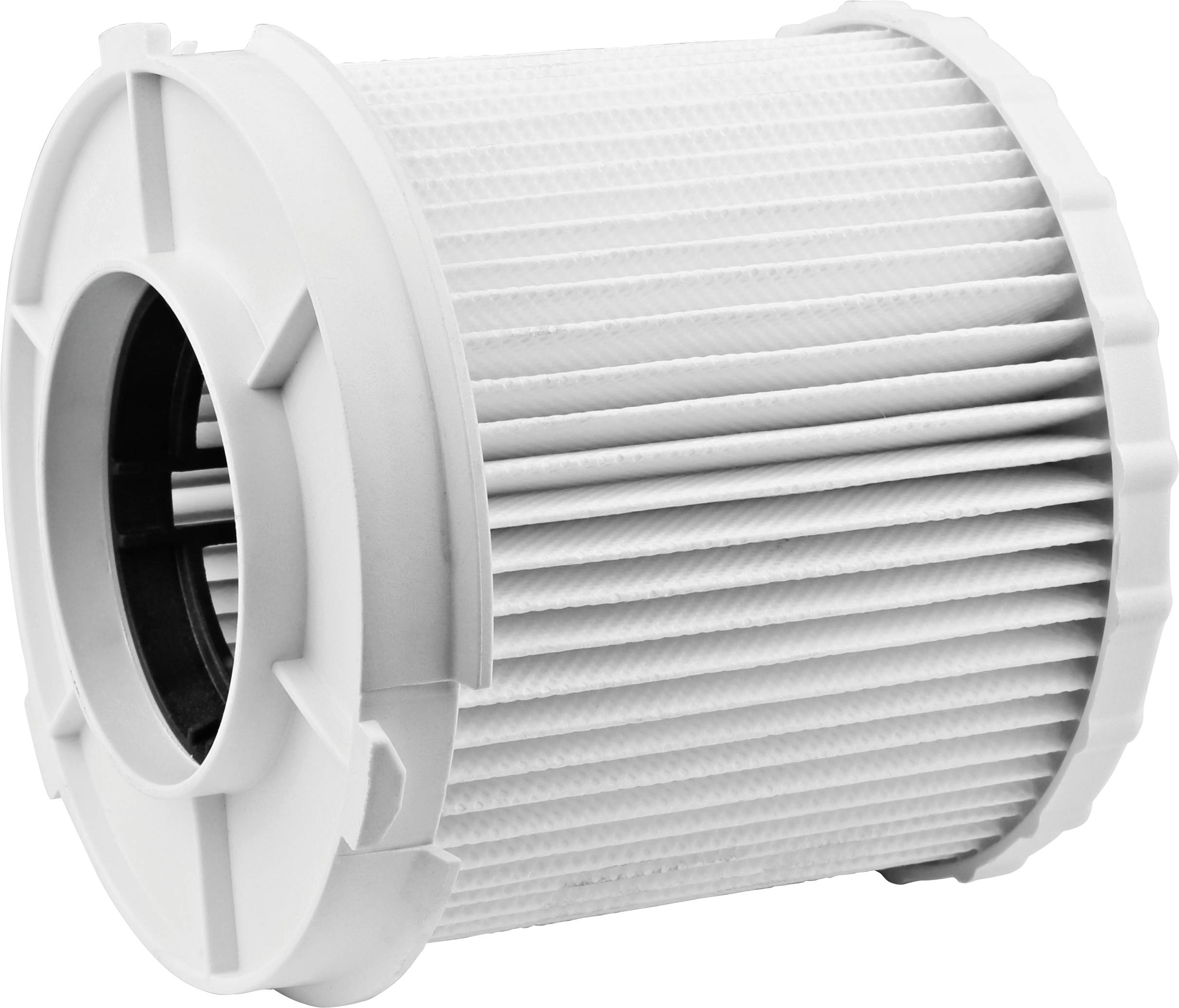 Filtre HEPA blanc cylindrique au centre, sur un fond blanc.