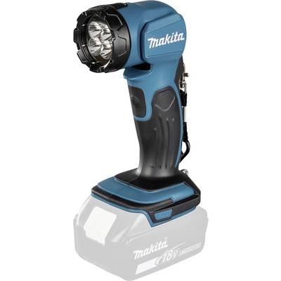 Une lampe torche sans fil bleue et noire de marque 'Makita', dotée d'une tête orientable, avec plusieurs LED, sans batterie attachée.