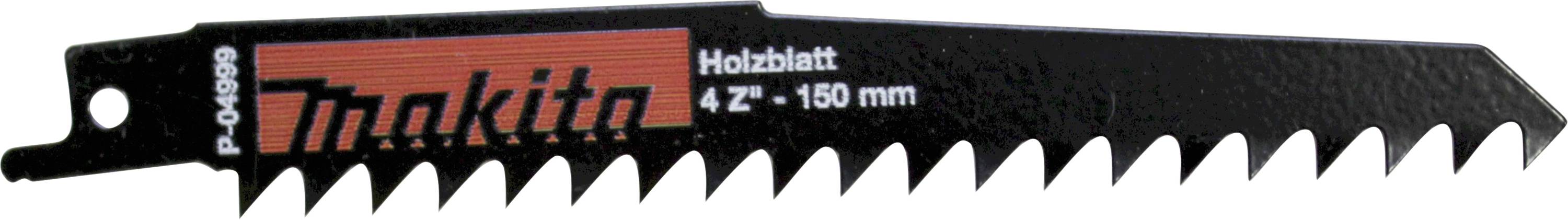 Lame de scie sabre noire de Makita avec des détails rouges et blancs, longueur 150 mm, spécialement adaptée pour la coupe du bois.