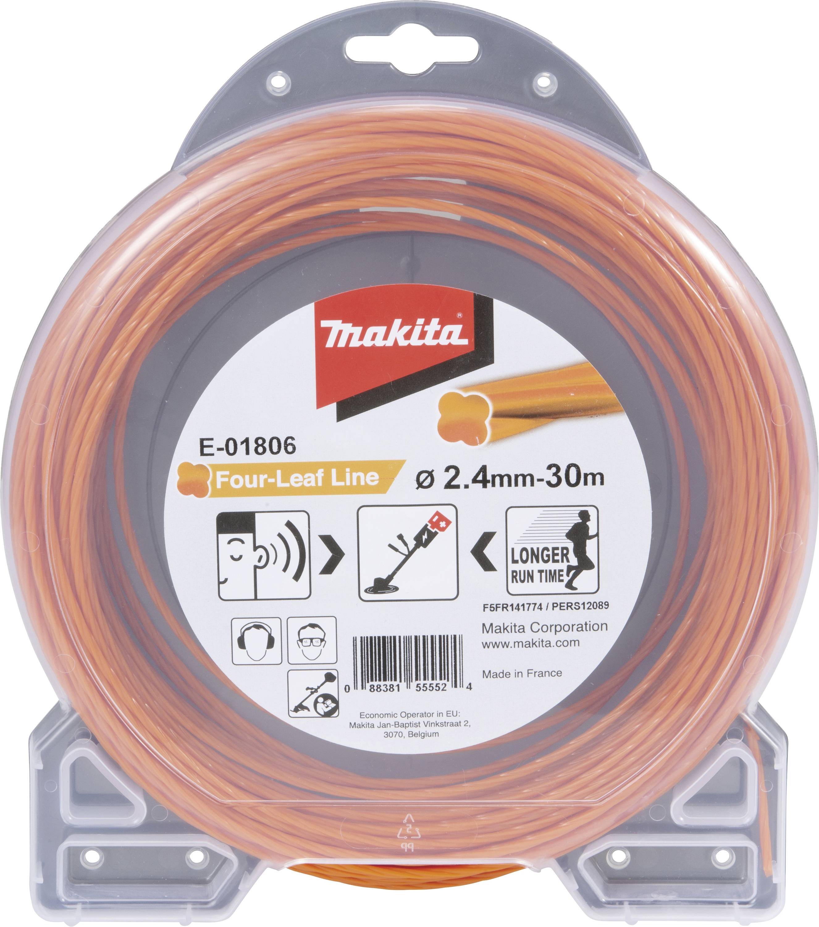 Rouleau de fil en nylon orange de Makita, épaisseur de 2,4 mm, longueur de 30 m. L'étiquette indique une durabilité prolongée. Fabriqué en France.