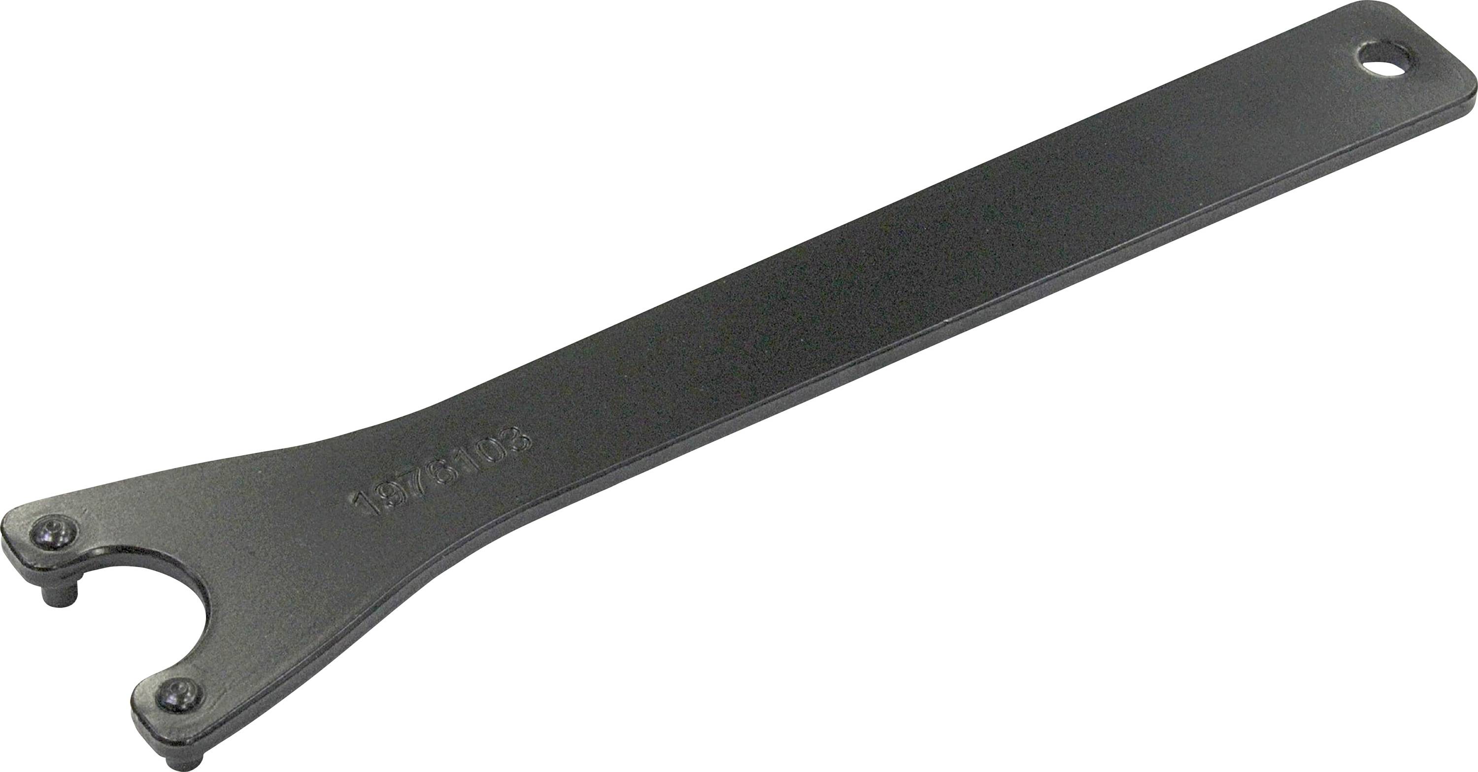 Une clé à molette noire avec une poignée plate et une ouverture semi-circulaire, adaptée pour des vissages spécifiques.