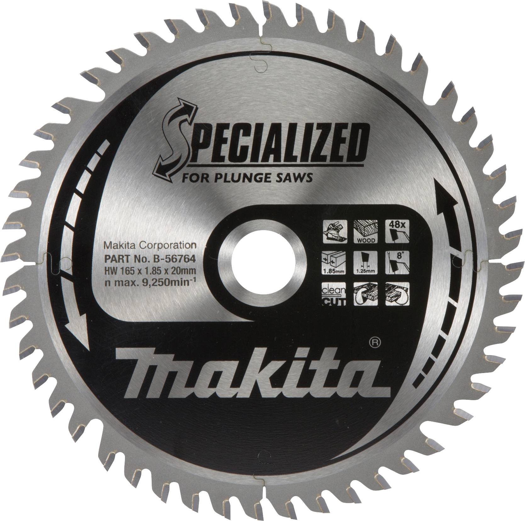 Lame de scie circulaire Makita, spécialisée pour scies plongeantes, diamètre de 165 mm, vitesse max. 9 250 tr/min, divers symboles d'utilisation.