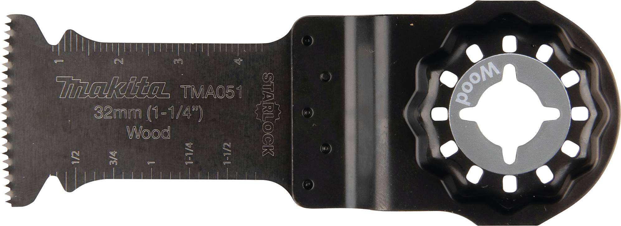 Lame de scie Makita pour bois avec fixation Starlock, 32 mm, présentant une graduation de mesure et un dentelage sur la lame.
