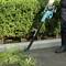 Une personne utilise un souffleur de feuilles de couleur bleu-vert pour dégager des feuilles vertes d'un chemin de jardin, avec des buissons soigneusement taillés en arrière-plan.