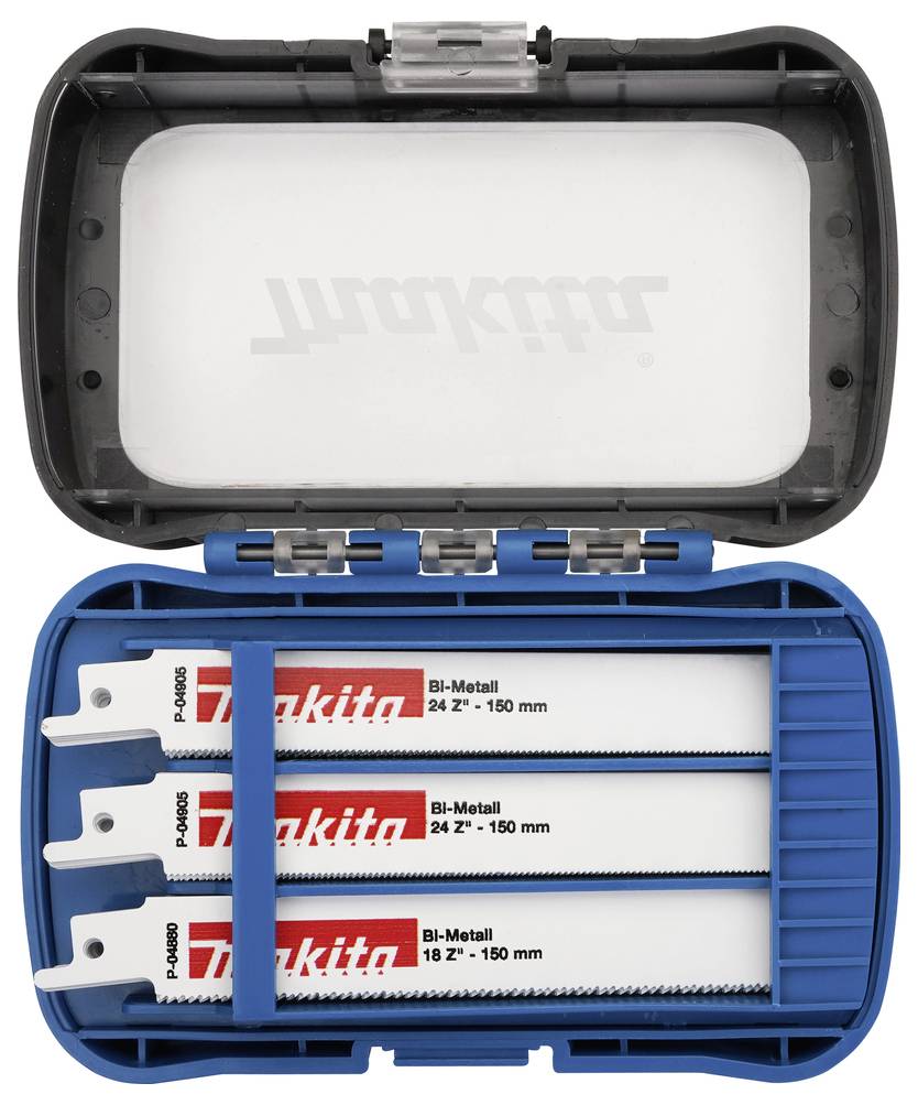 Étui bleu Makita ouvert contenant trois lames de scie bi-métal, avec une lame 24T 150 mm et une lame 18T 150 mm visibles.