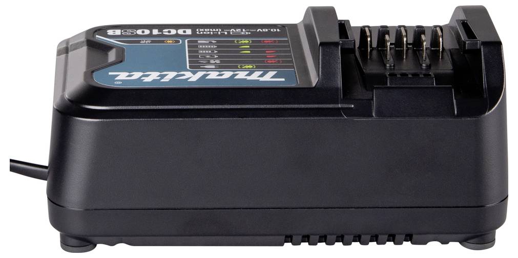 Un chargeur de batterie Makita noir avec des voyants lumineux et des emplacements pour la recharge.