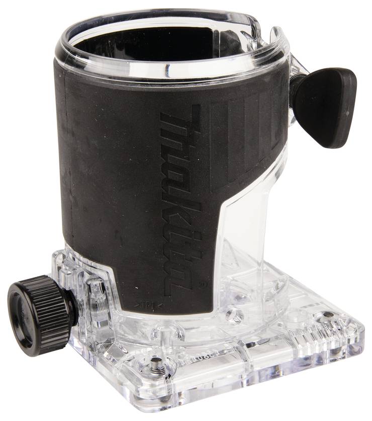Une base de défonceuse compacte en plastique transparent avec garniture en caoutchouc noir, dotée de boutons de réglage et d'une pince de verrouillage pour un travail du bois précis.