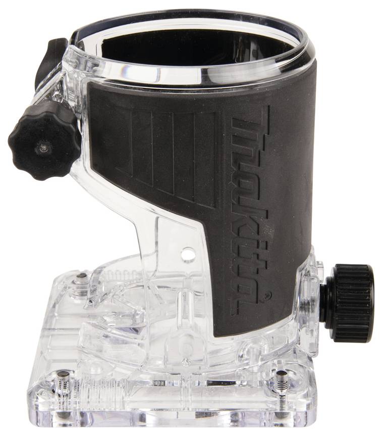 Une base de routeur transparente et noire avec des boutons de réglage, présentant un guide cylindrique transparent et le logo 'Makita' visible sur le côté.