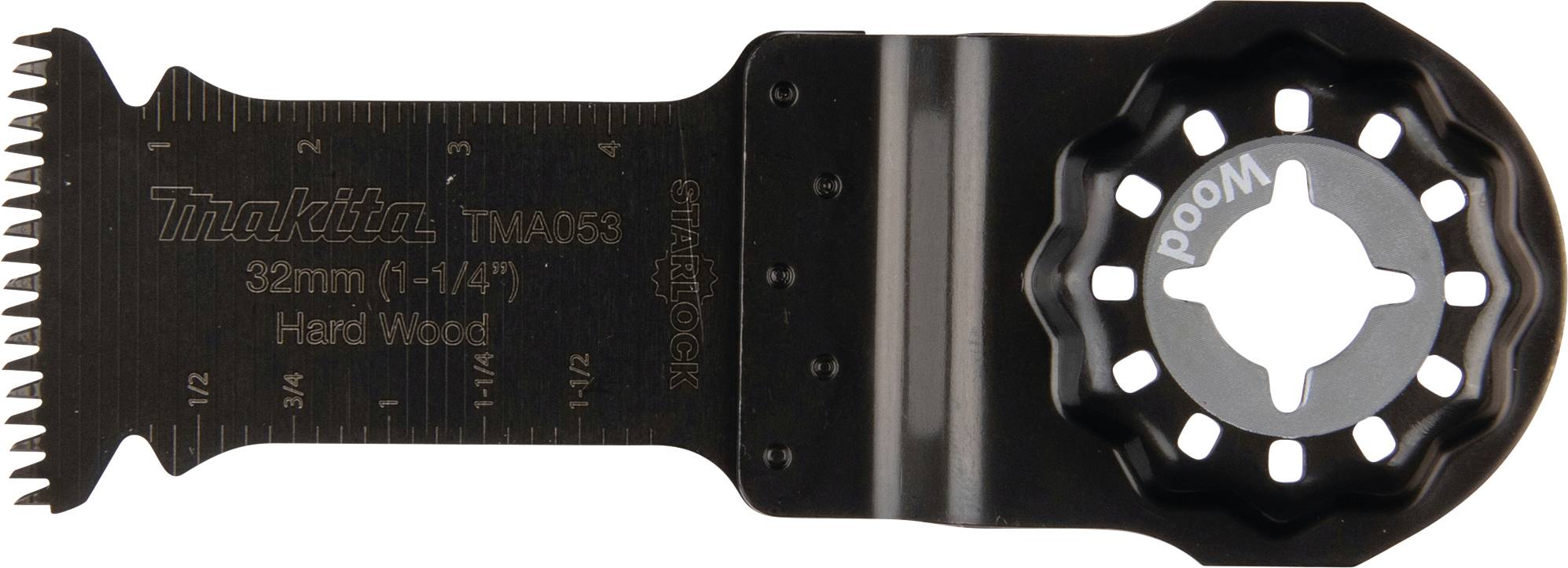 Lame de scie noir-bleu portant l'inscription 'Makita TMA053, 32mm (1-1/4"), Bois Dur'. Adaptée aux travaux de menuiserie en bois dur.