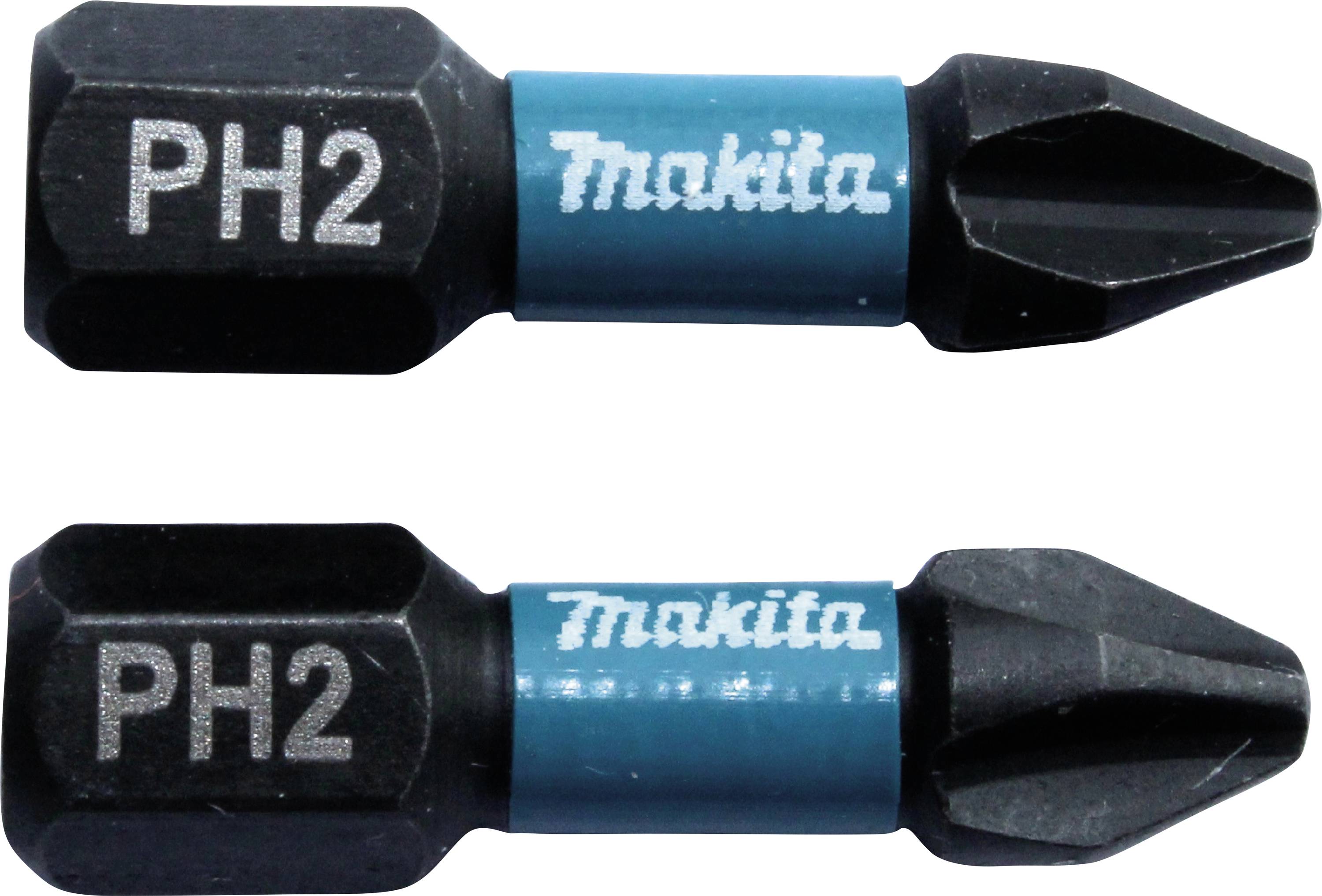 Deux embouts de tournevis cruciformes PH2 noirs avec des logos Makita bleus sur les manches, disposés horizontalement.