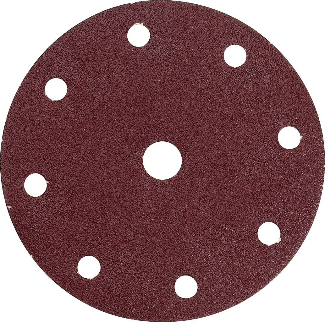 Disque de papier abrasif brun-rouge avec un trou central et six autres trous disposés en cercle.