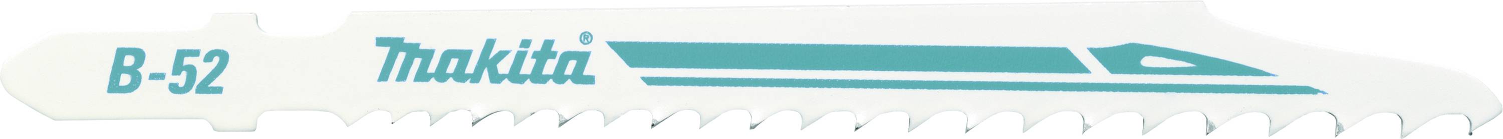 Lame de scie portant l'inscription 'Makita B-52' en bleu, adaptée pour les coupes fines, avec un dentelage fin sur un fond blanc.