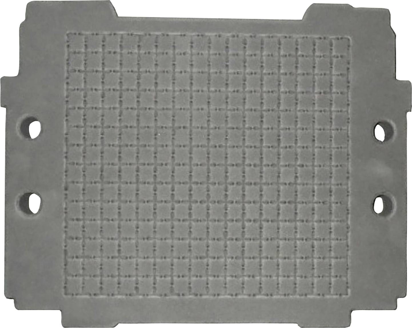 Élément de construction rectangulaire gris avec un motif quadrillé au centre et plusieurs trous de fixation sur les bords latéraux.