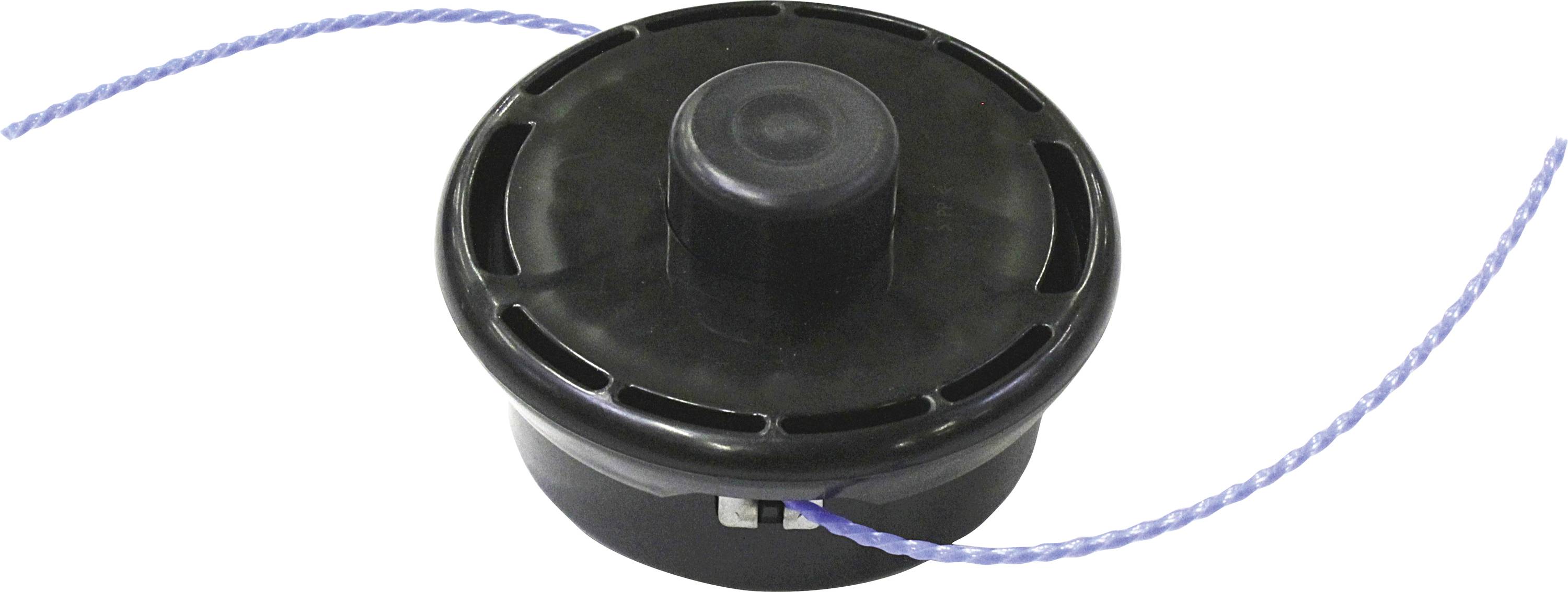Une tête de débroussailleuse noire avec un fil bleu, faisant partie d'un coupe-bordures.