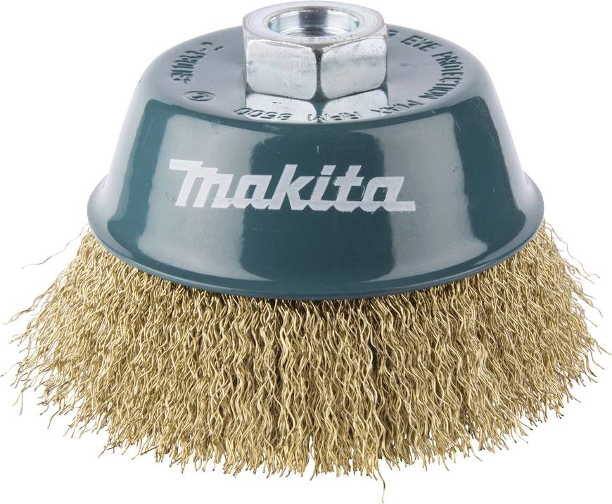 Brosse métallique ronde avec des poils en métal et un boîtier vert. Nom de marque 'Makita' sur le dessus. Quelques vis de fixation.