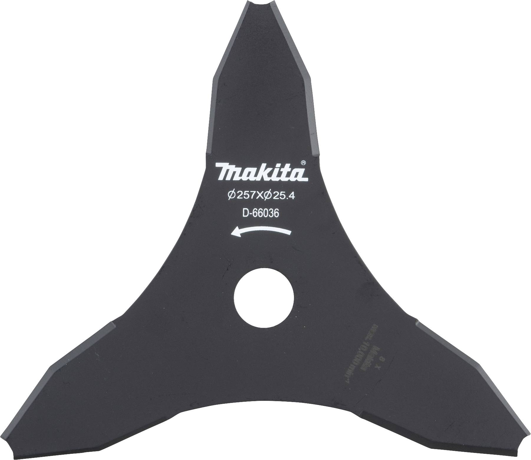 Lame triangulaire noire avec un trou central ; utilisée pour les débroussailleuses. Inscription : 'Makita' et autres détails techniques.