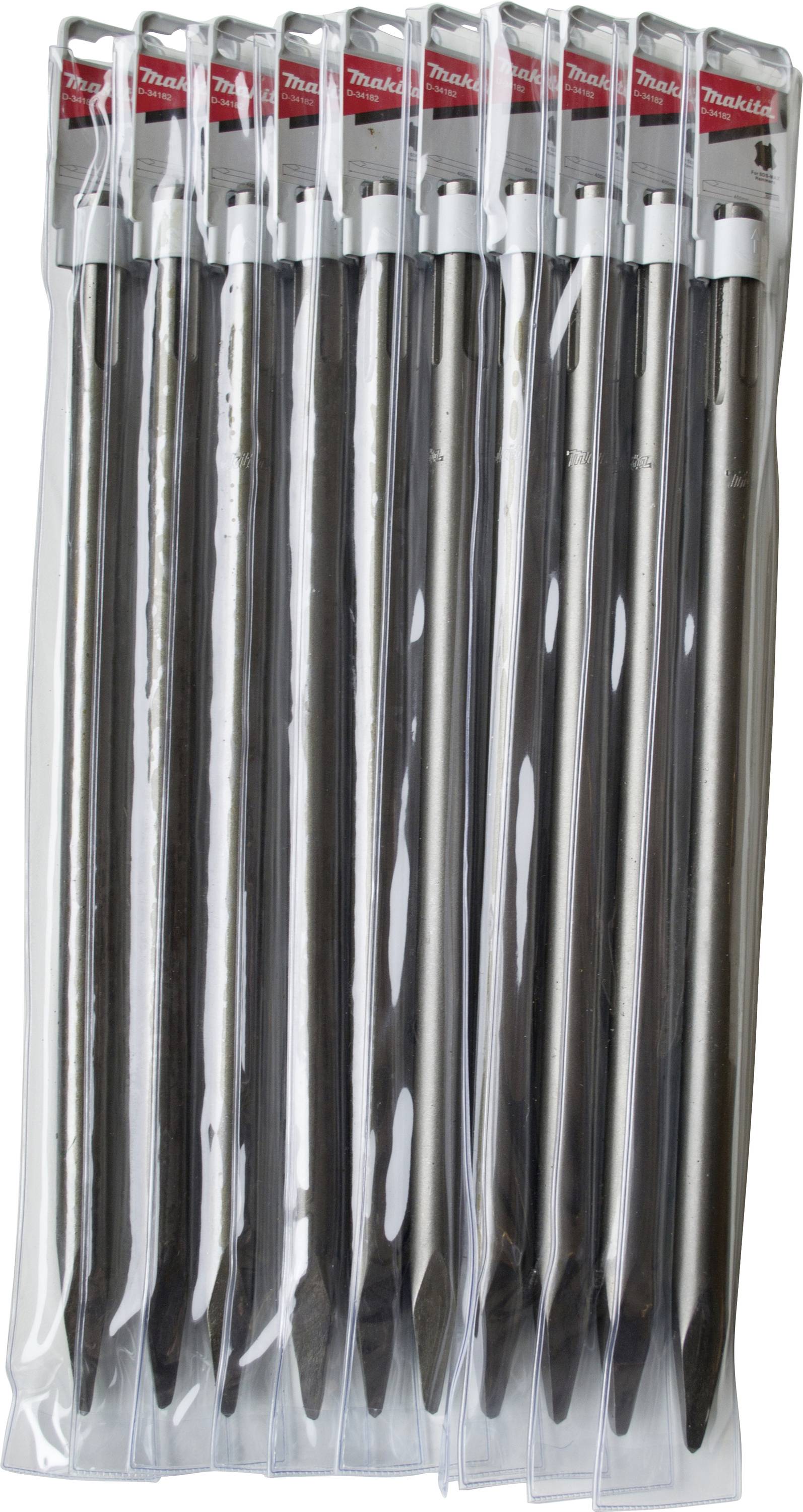Un ensemble de dix burins pointus en argent dans un emballage en plastique. Adaptés aux travaux de construction ou de démolition avec des marteaux perforateurs.