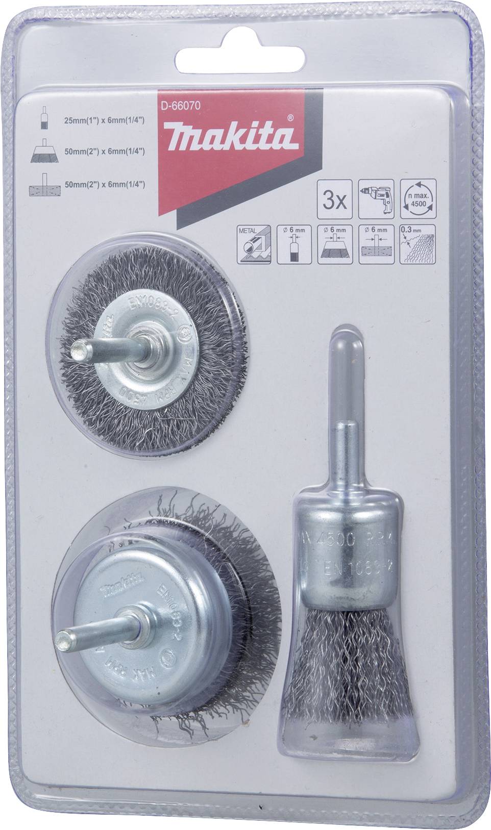 Ensemble de trois brosses métalliques Makita : brosses-coupes de 25 mm, 50 mm et 50 mm, brosse à tige de 13 mm. Convient pour perceuses.