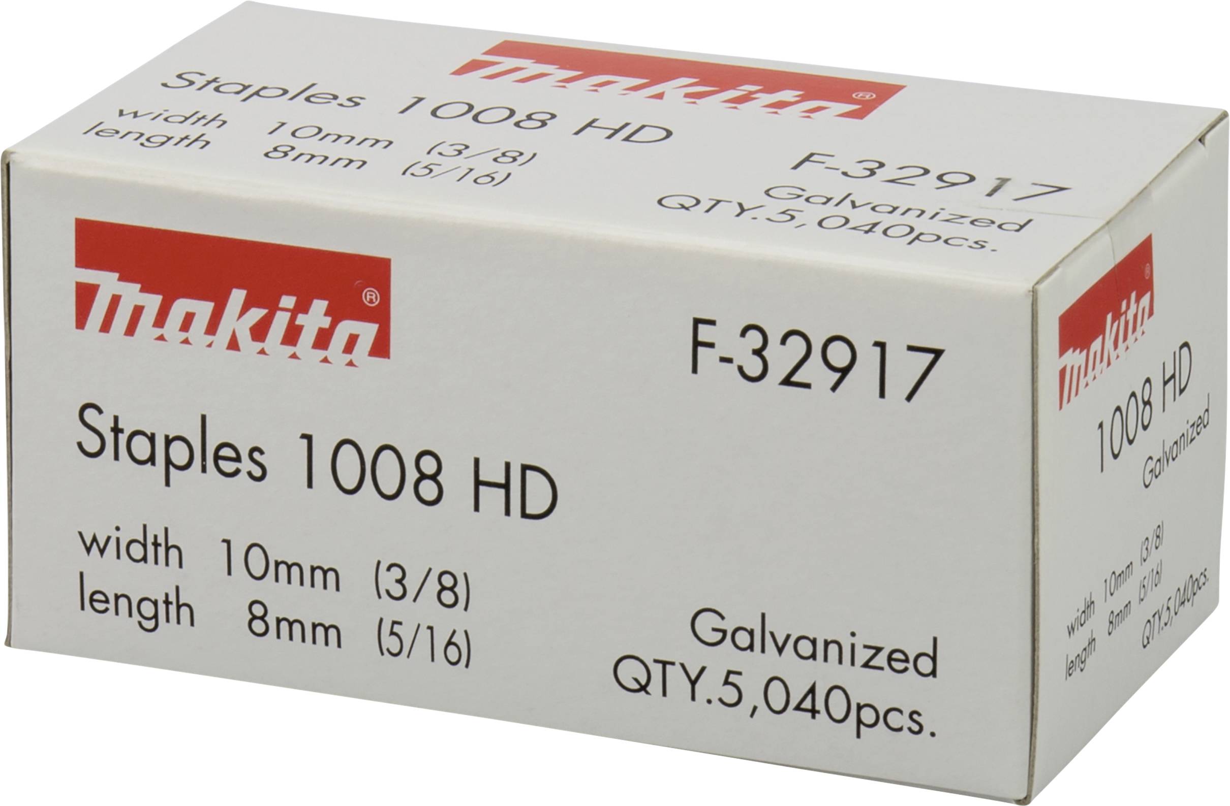 Un carton portant l'inscription 'Makita Staples 1008 HD'. Contient des agrafes, taille 10 mm (3/8) de largeur, 8 mm (5/16) de longueur, 5 040 pièces.