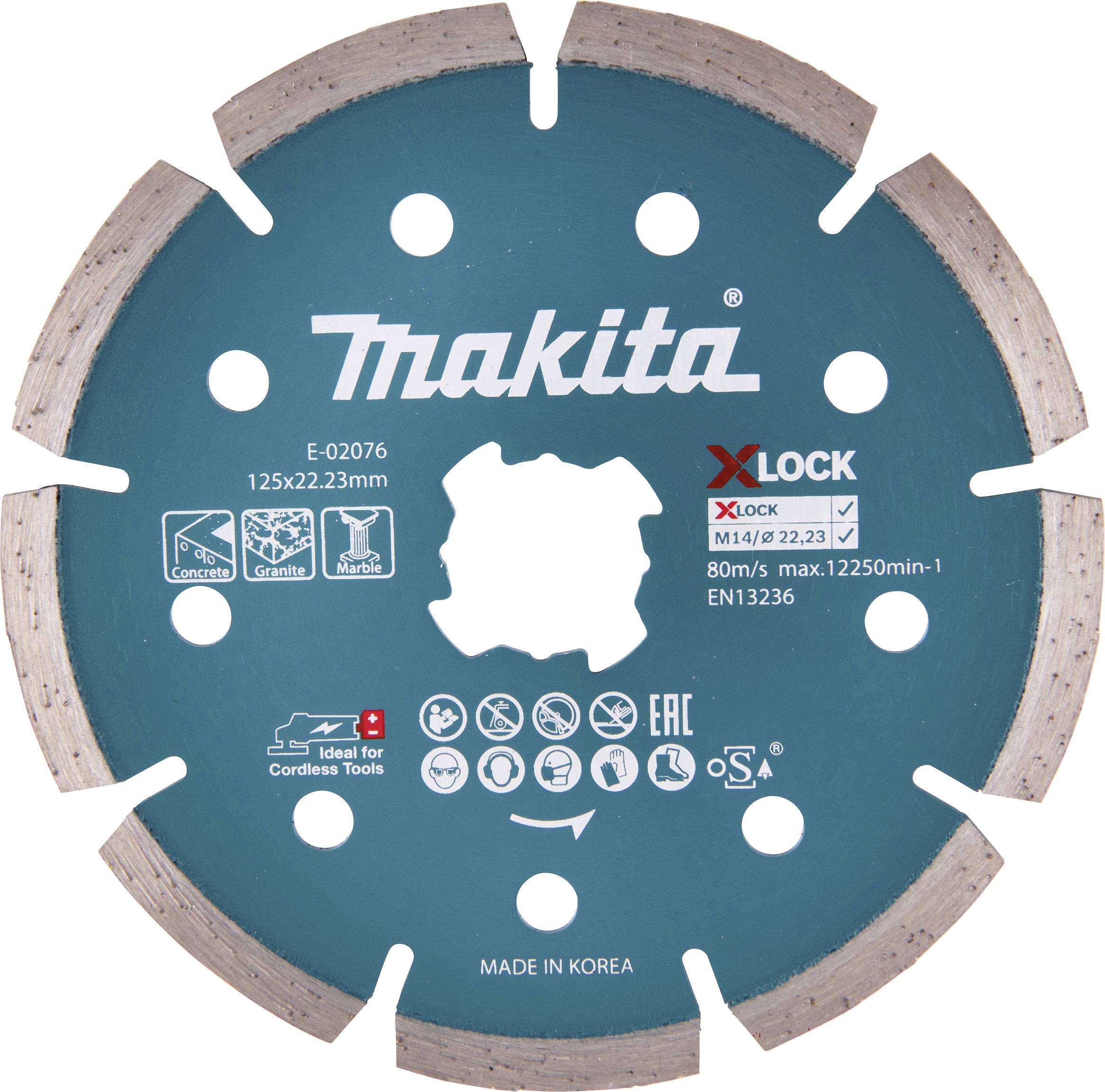 Un disque de coupe rond bleu portant l'inscription 'Makita', adapté pour le béton, le granit et le marbre. Dispose du symbole 'XLOCK' pour un montage rapide.
