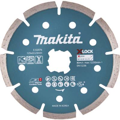 Un disque de coupe rond bleu portant l'inscription 'Makita', adapté pour le béton, le granit et le marbre. Dispose du symbole 'XLOCK' pour un montage rapide.