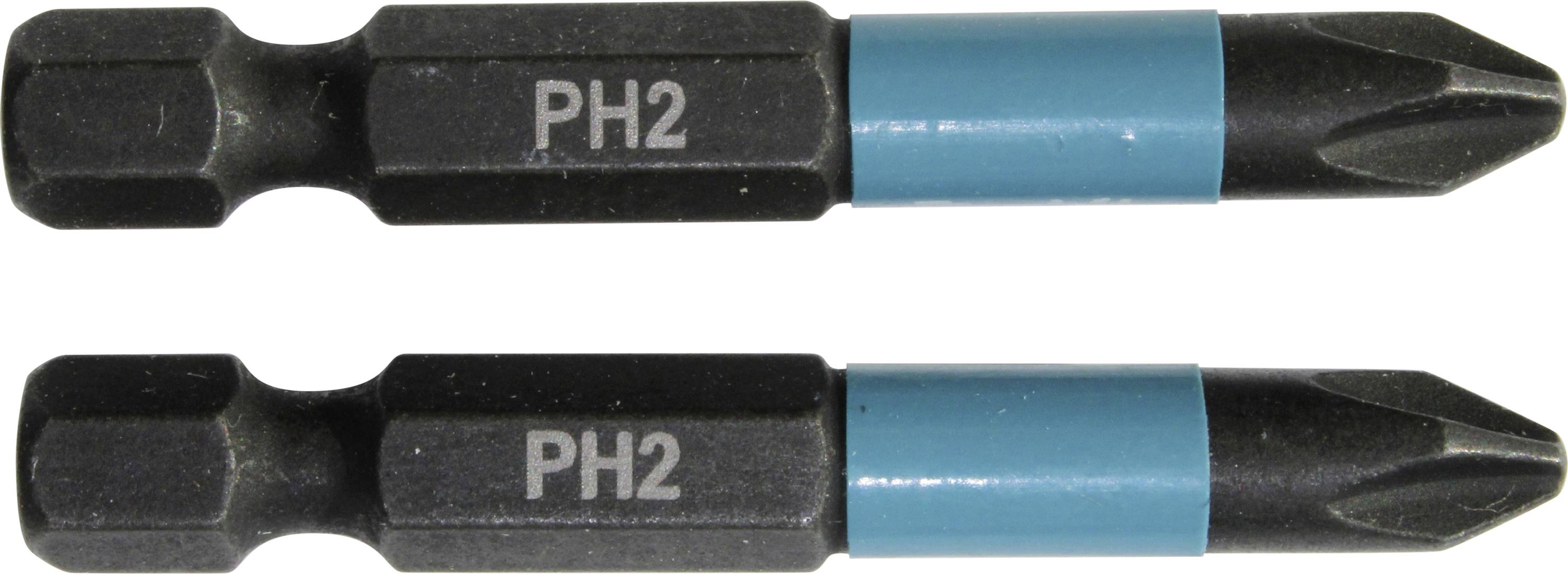 Deux embouts cruciformes noirs de taille PH2 avec des marquages bleus, placés horizontalement côte à côte.