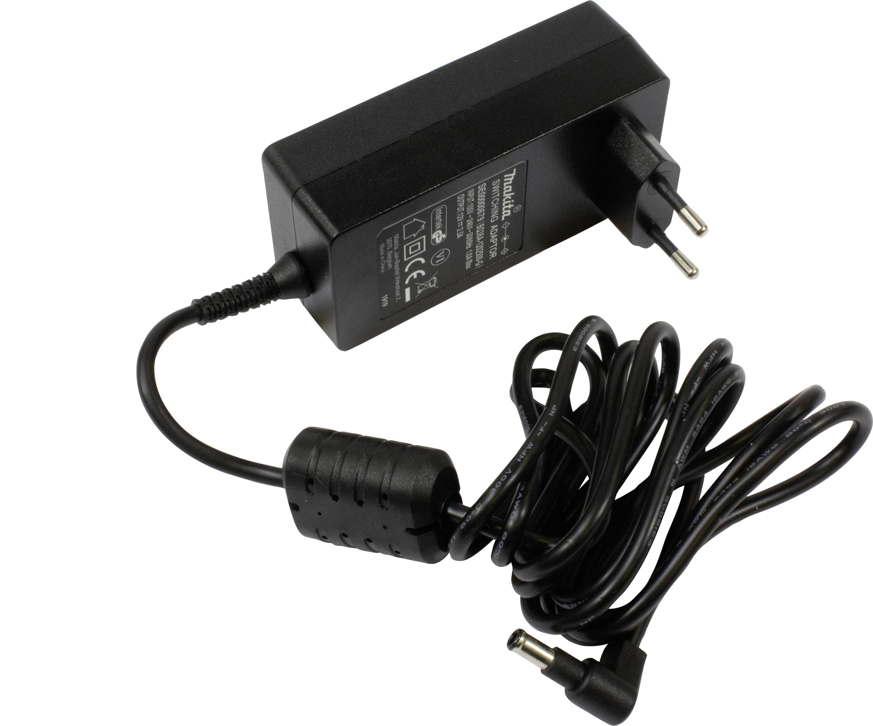 Un chargeur de portable noir avec câble secteur et prise européenne. Le câble est enroulé de manière lâche, et la fiche de courant continu est visible.