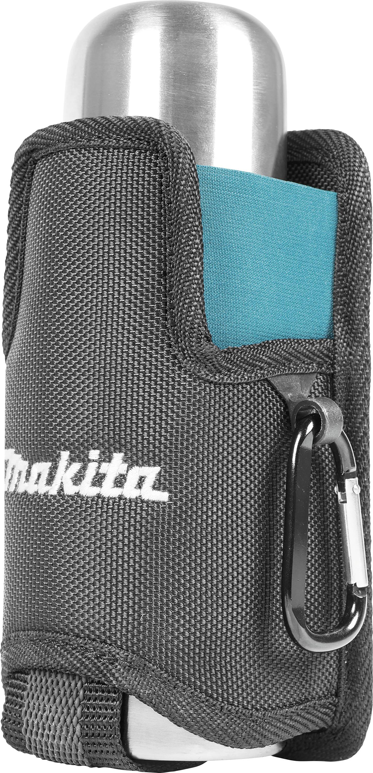 Housse noire et robuste de Makita pour bouteille isotherme avec mousqueton, partiellement en turquoise. Idéale pour les activités de plein air.