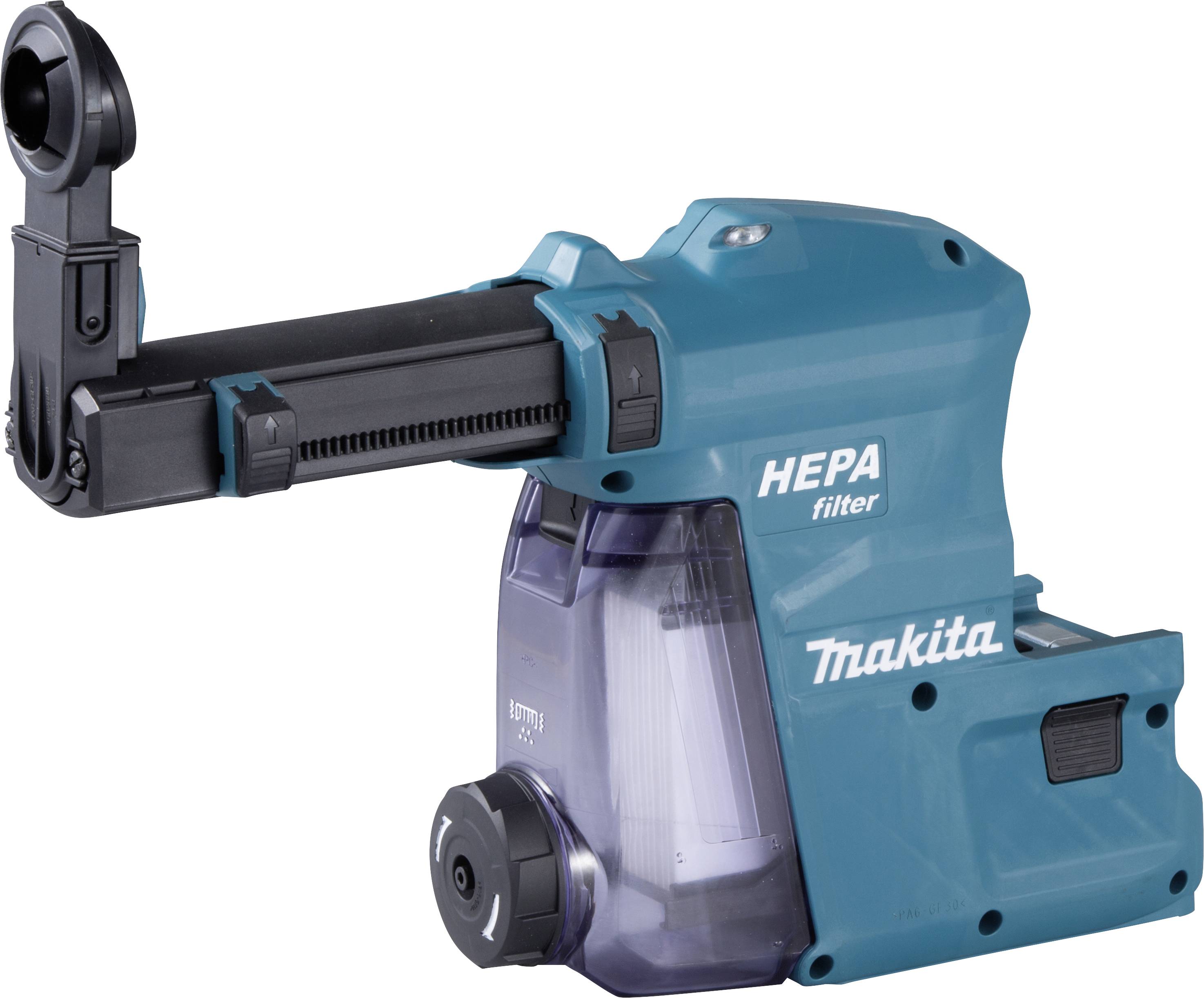 Adaptateur aspirateur HEPA sans fil de Makita, design bleu, compatible avec les outils électriques, facilite le travail sans poussière.