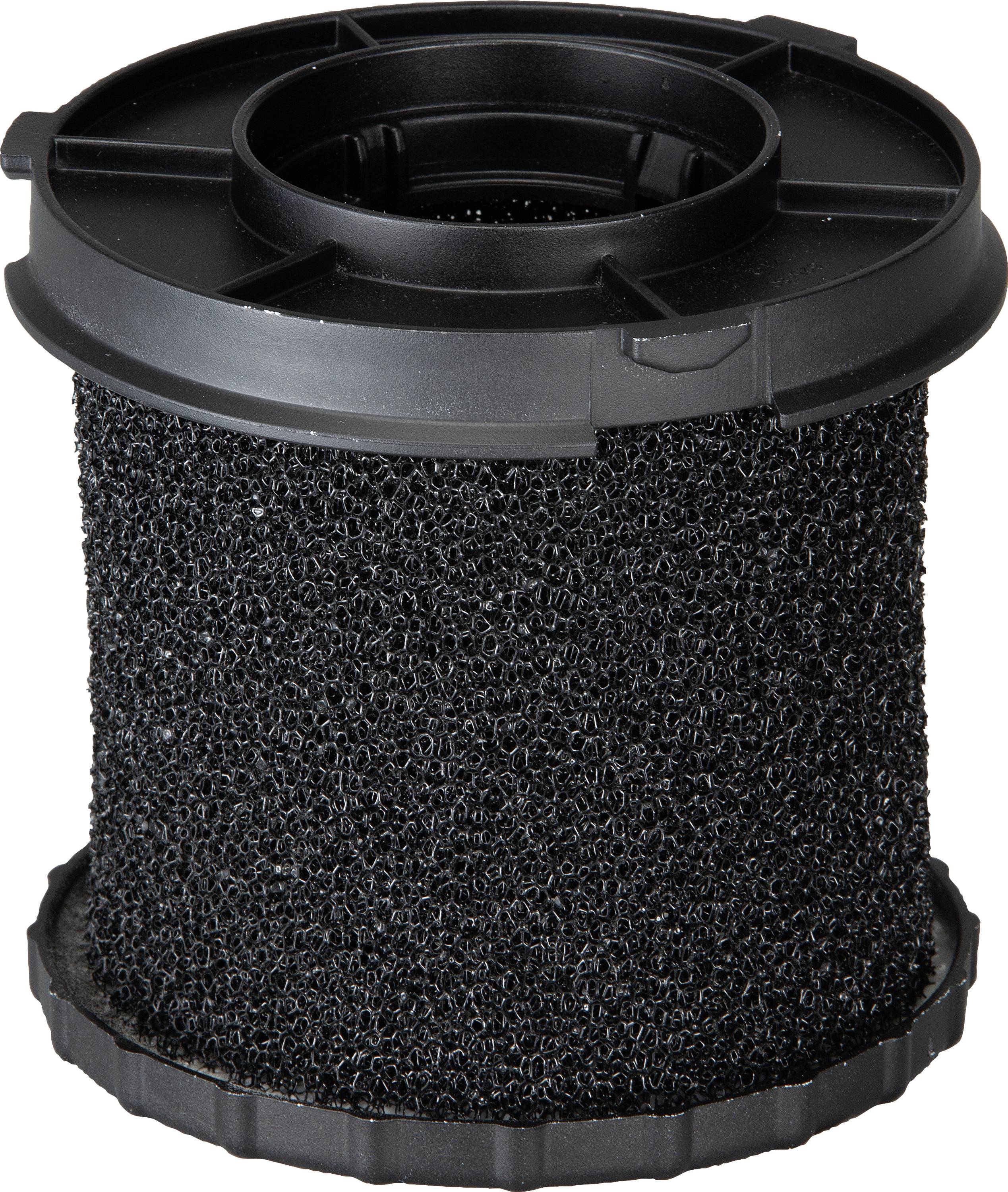 Cylindre de filtre à air noir avec une structure de mousse grossière, encadré de bagues en plastique noir en haut et en bas.