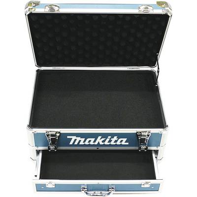Coffret à outils bleu ouvert avec deux compartiments, le compartiment supérieur étant vide. Le coffret porte l'inscription 'Makita' sur sa face avant.