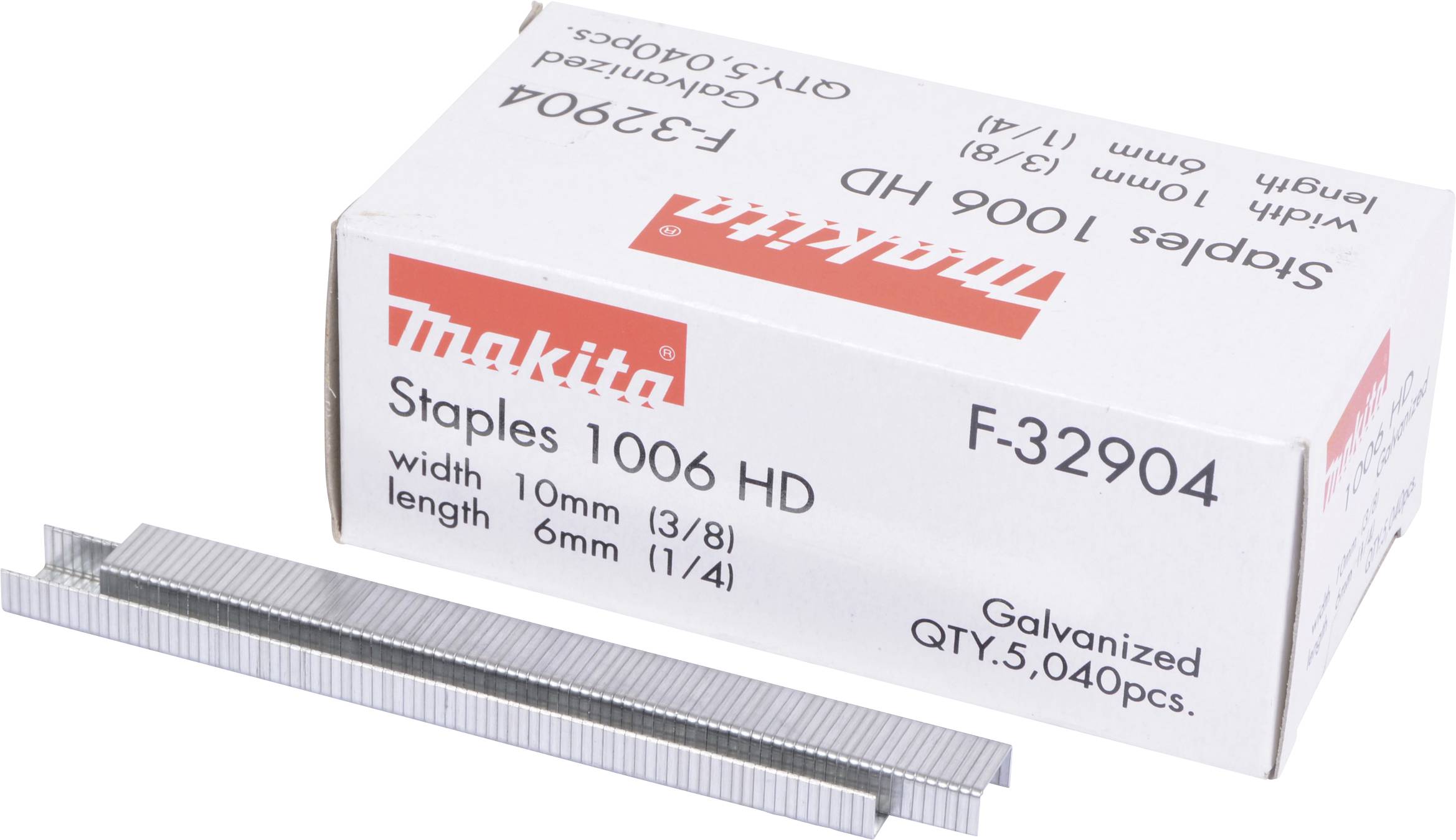Une boîte d'agrafes Makita, modèle 1006 HD, de dimensions 10 mm x 6 mm. Contient 5.040 agrafes galvanisées.