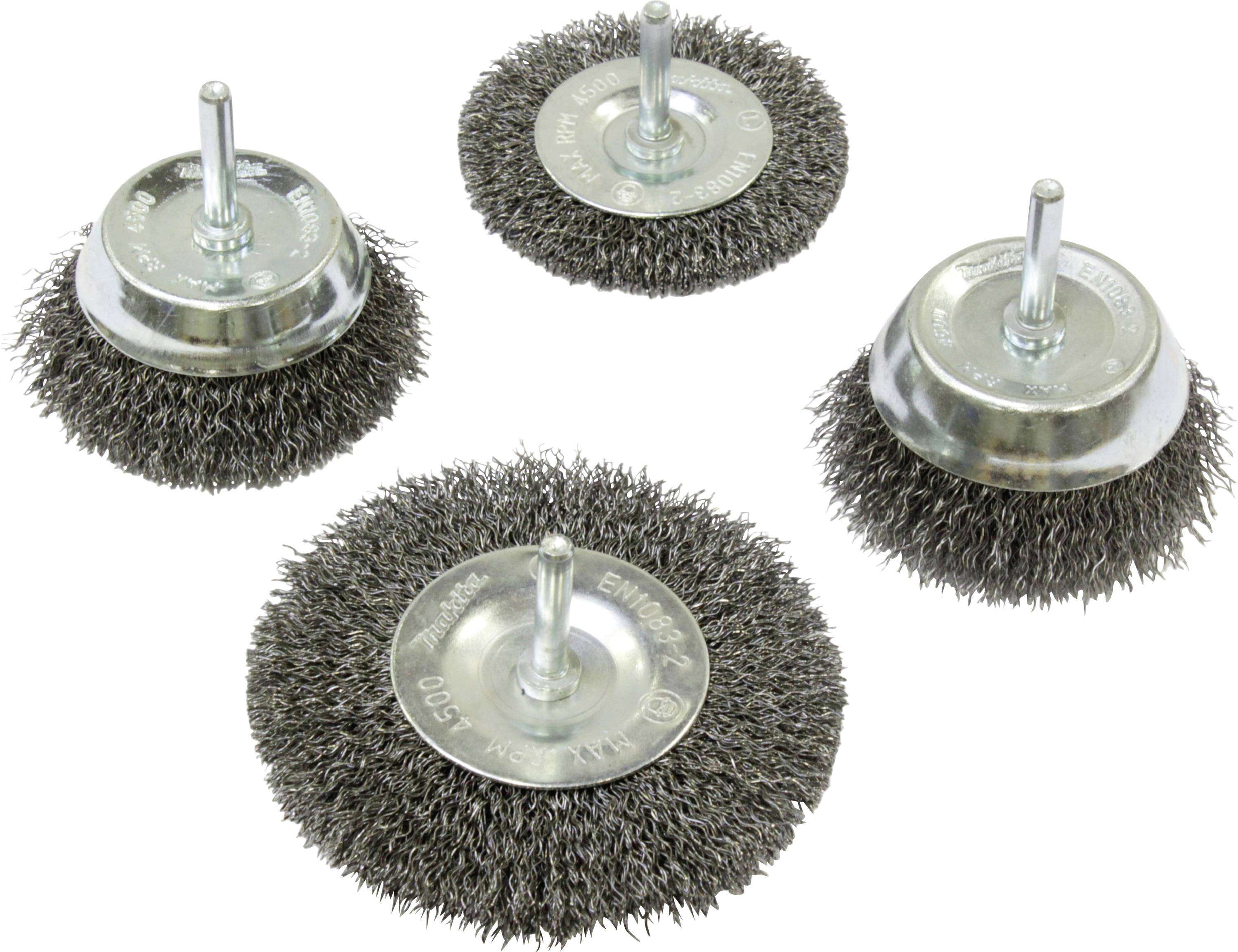 Brosses métalliques rondes avec manche en métal, adaptées aux perceuses. Elles sont conçues pour éliminer la rouille et la peinture sur les surfaces métalliques.
