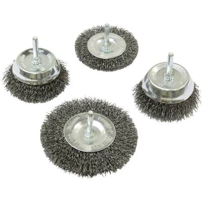 Brosses métalliques rondes avec manche en métal, adaptées aux perceuses. Elles sont conçues pour éliminer la rouille et la peinture sur les surfaces métalliques.