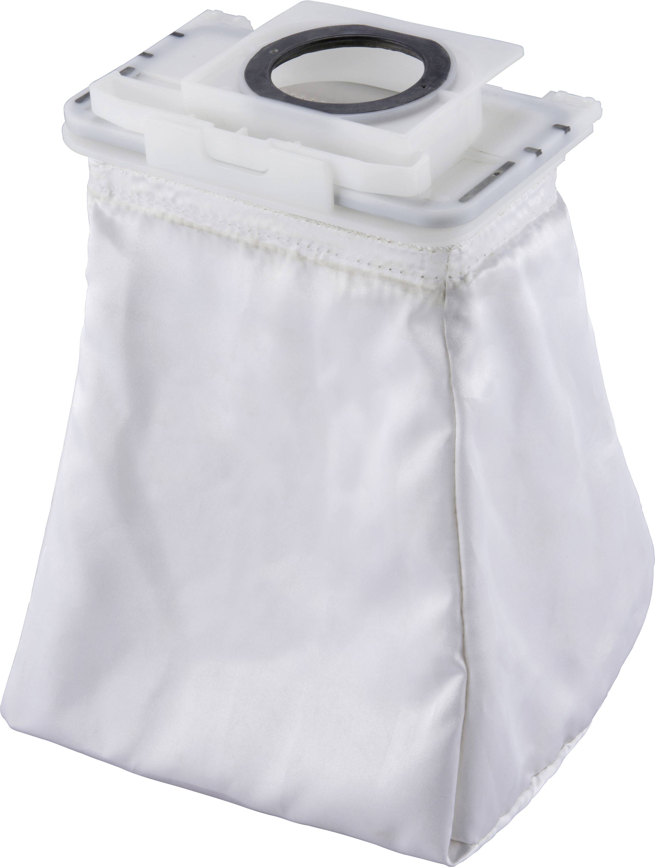 Un sac d'aspirateur blanc avec un embout rectangulaire et un joint d'étanchéité en caoutchouc rond, adapté pour le remplacement d'un sac d'aspirateur.
