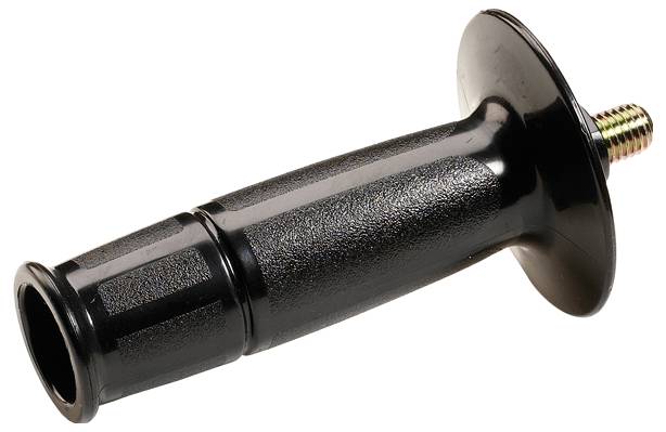 Poignée en caoutchouc noir à surface striée, adaptée à la fixation sur un guidon de vélo, avec un filetage métallique à l'extrémité.