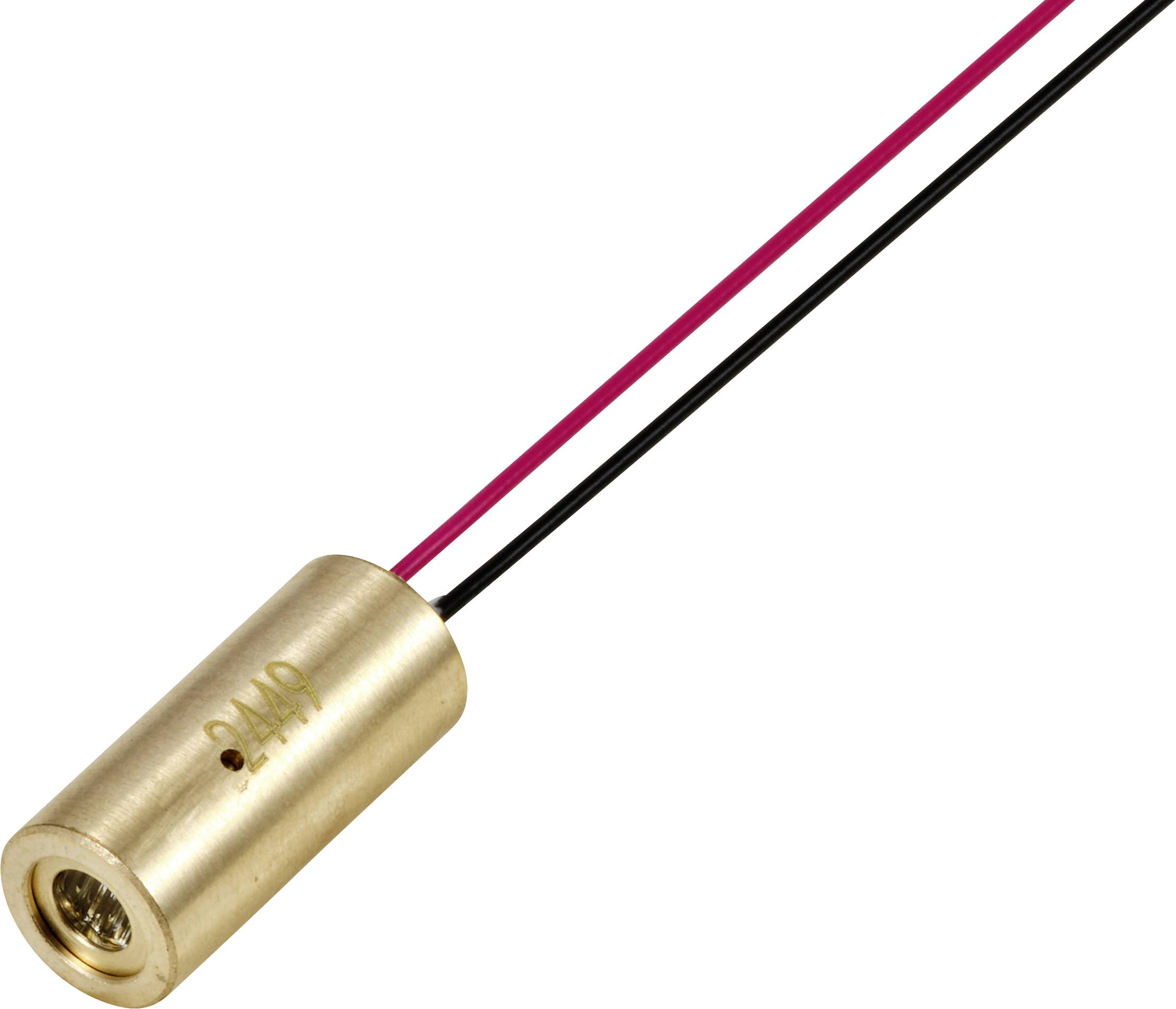 Un petit cylindre doré de module laser avec deux fils rouge et noir qui en sortent.
