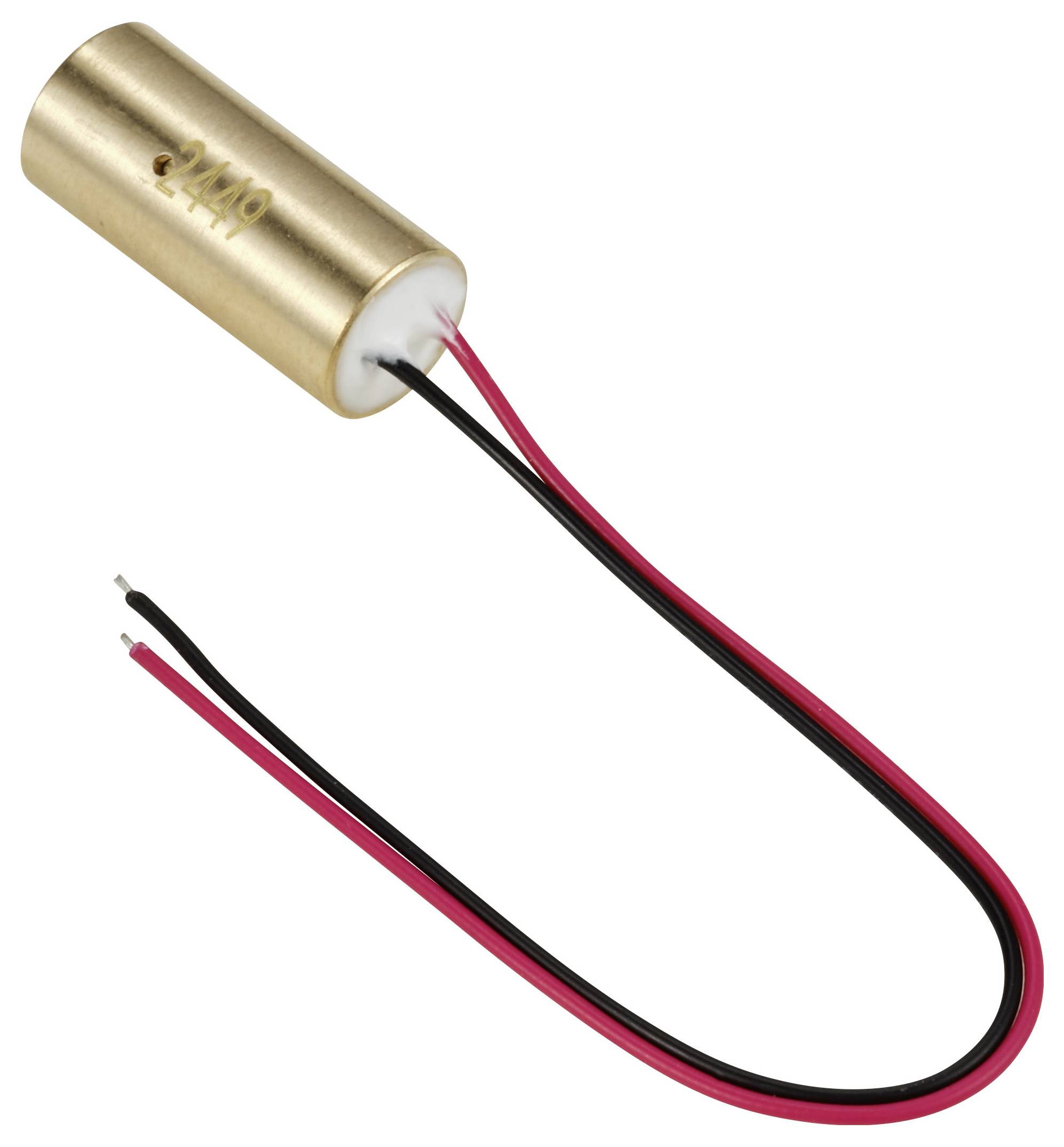 Un moteur électrique cylindrique avec deux câbles sortants, l'un rouge et l'autre noir, indique une alimentation électrique.