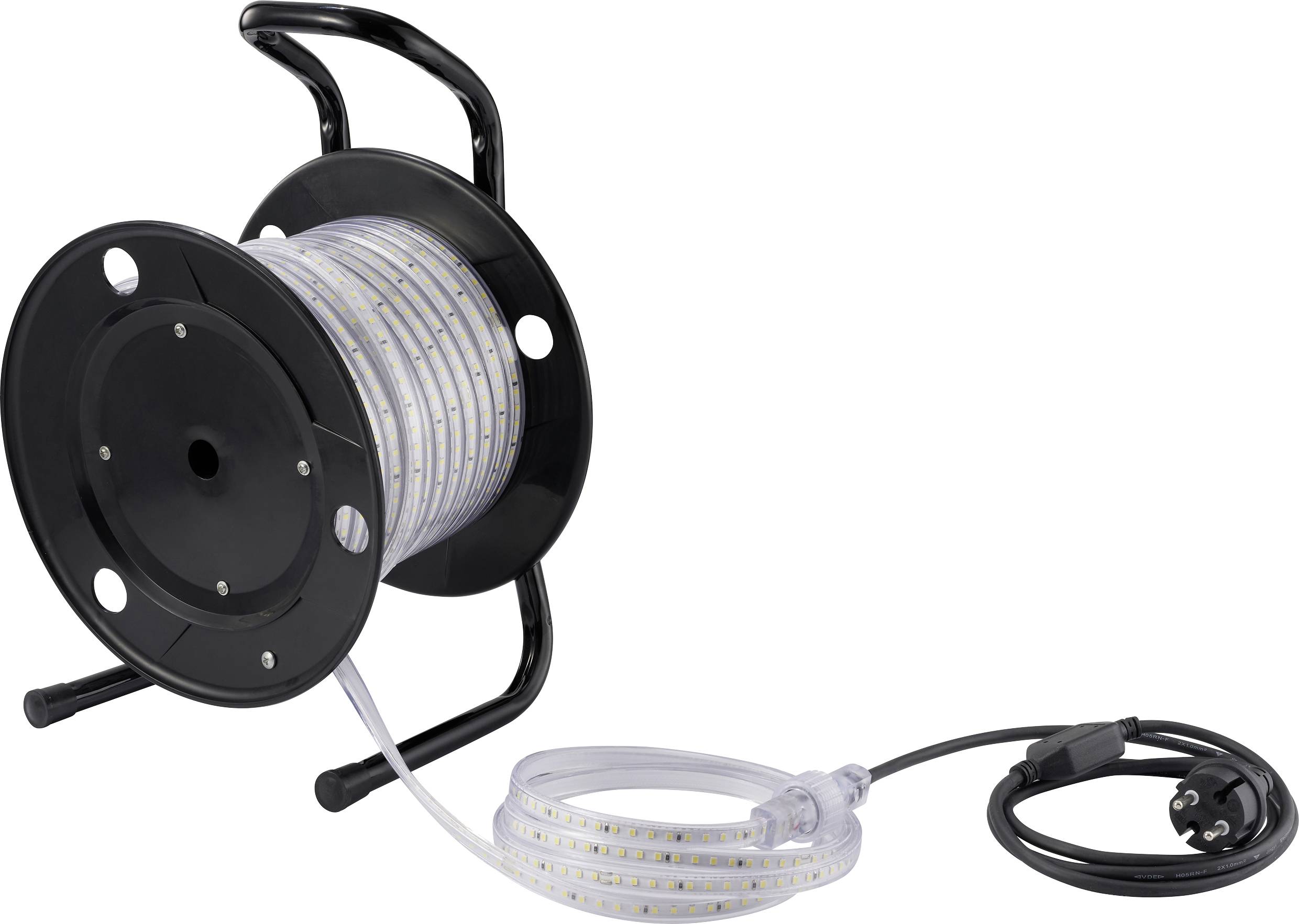 Cordon lumineux LED sur un tambour de câble noir avec une fiche, prêt à être utilisé.