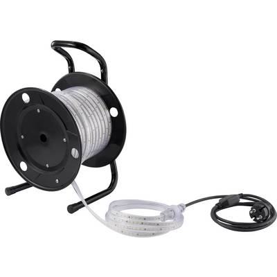 Cordon lumineux LED sur un tambour de câble noir avec une fiche, prêt à être utilisé.