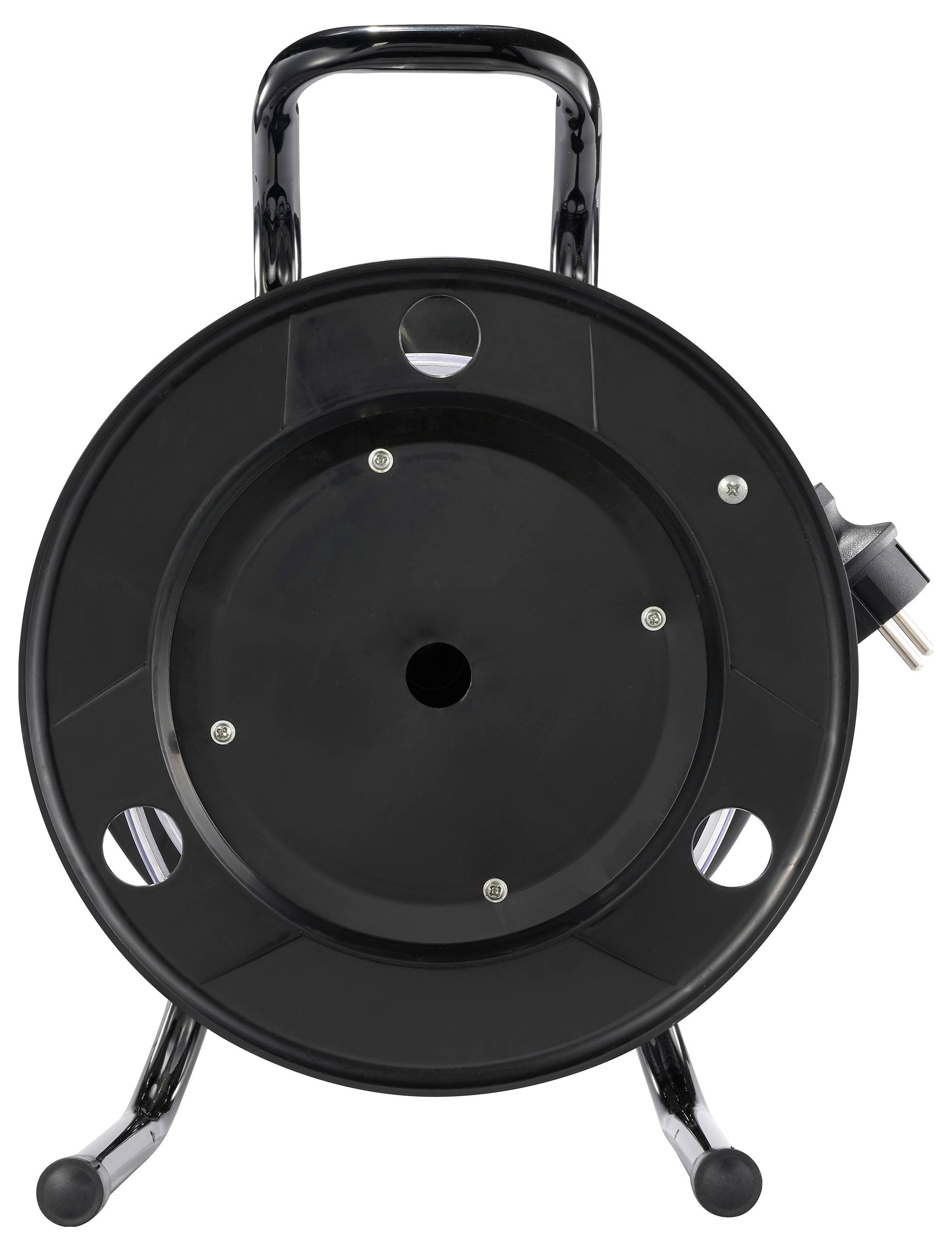 Une bobine de câble noire avec poignée et support, sans câble visible. Adaptée à l'enroulement et au rangement des câbles.