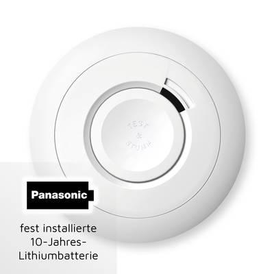 Détecteur de fumée Panasonic avec batterie lithium de 10 ans intégrée. Dispose d'une touche 'Test & Silence'.