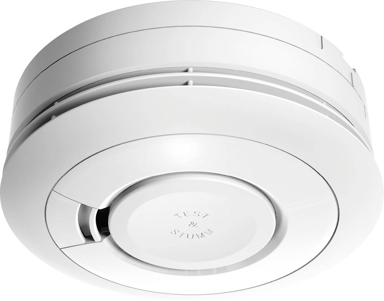 Détecteur de fumée rond de couleur blanche monté au plafond.