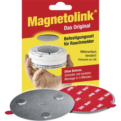 Emballage d'un kit de fixation pour détecteur de fumée de Magnetolink. Montre une main tenant un détecteur de fumée et des pastilles adhésives 3M.