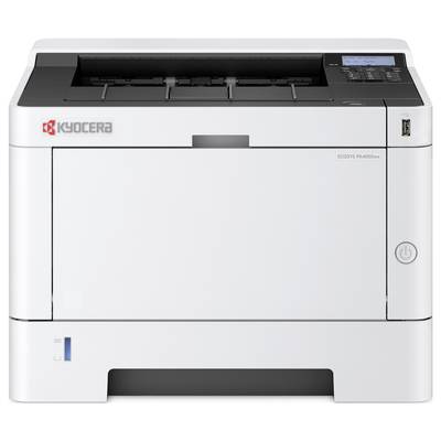 Un imprimante blanche Kyocera portant l'inscription 'ECOSYS P4040dn', vue sur le panneau de commande et le bac à papier.